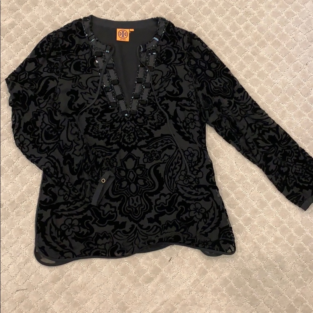 Tory Burch Black Chiffon & Velvet Blouse